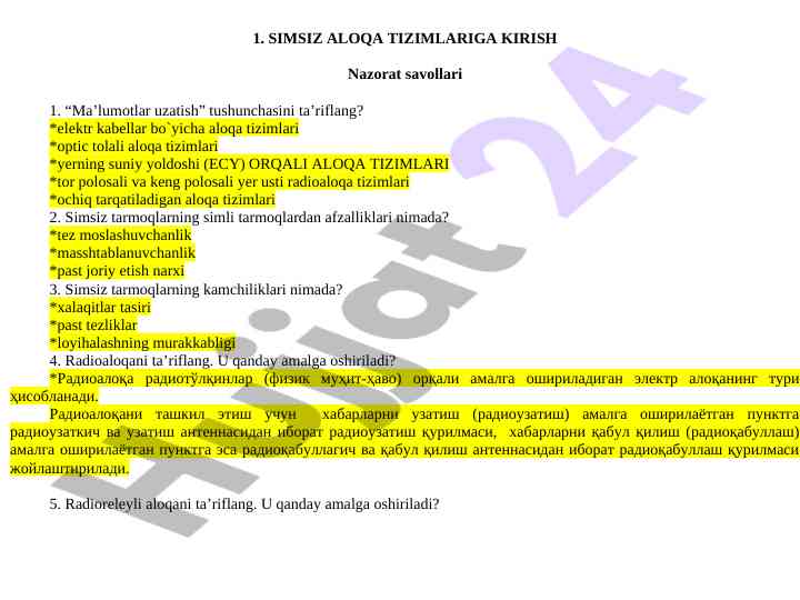 Simsiz aloqa tizimlari bo‘yicha nazorat savollari