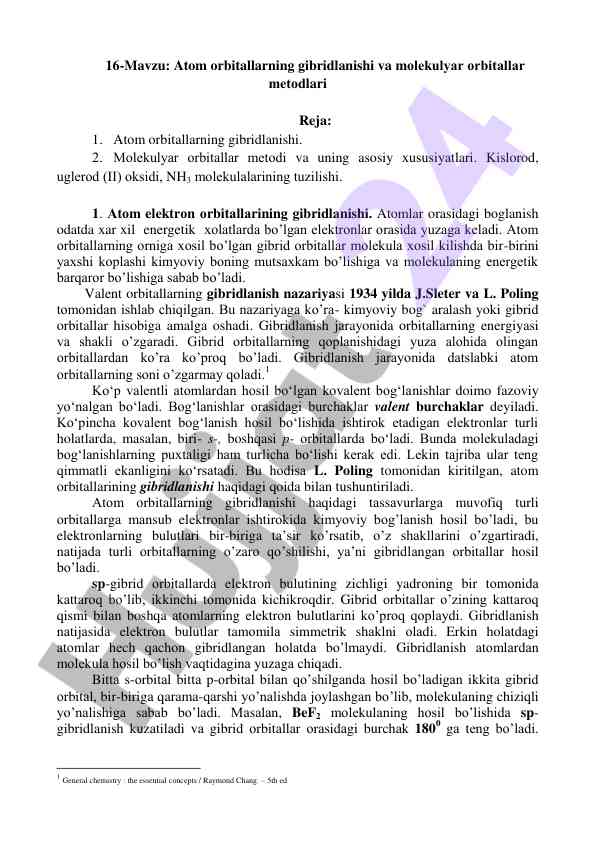 Atom orbitallarning gibridlanishi va molekulyar orbitallar