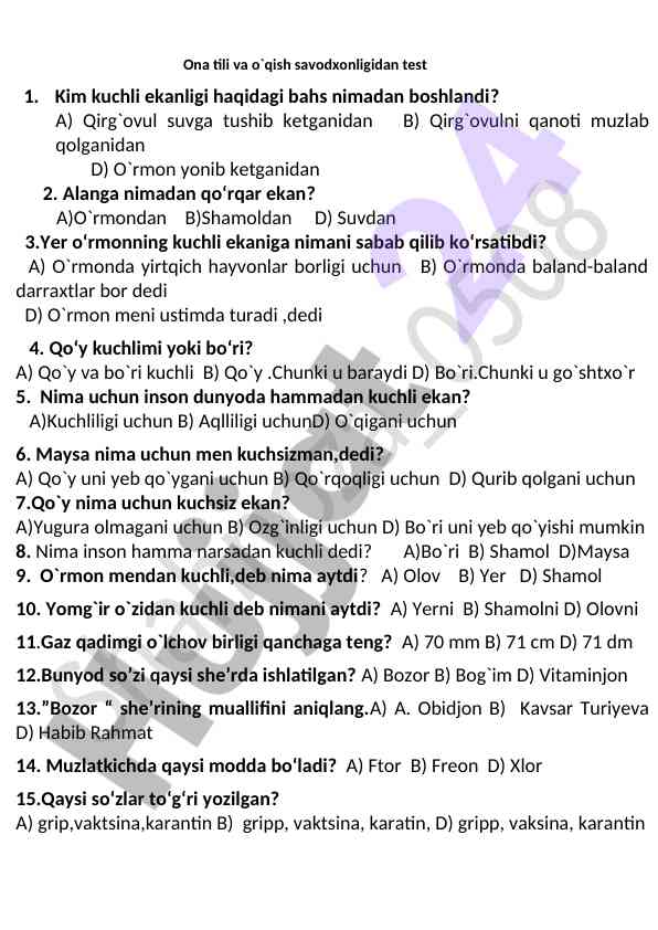 Ona tili va o`qish savodxonligidan test