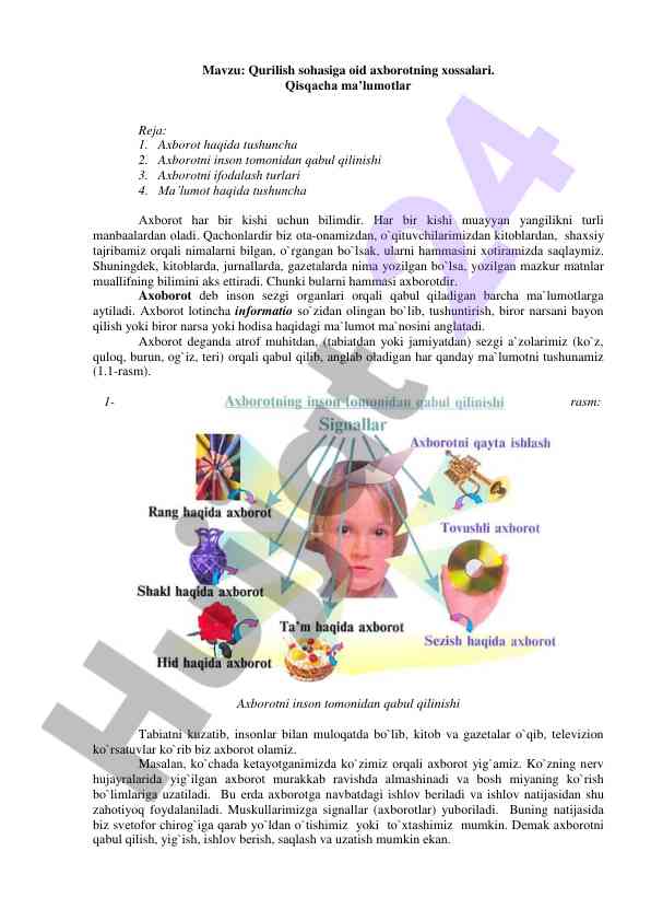 Qurilish sohasiga oid axborotning xossalari