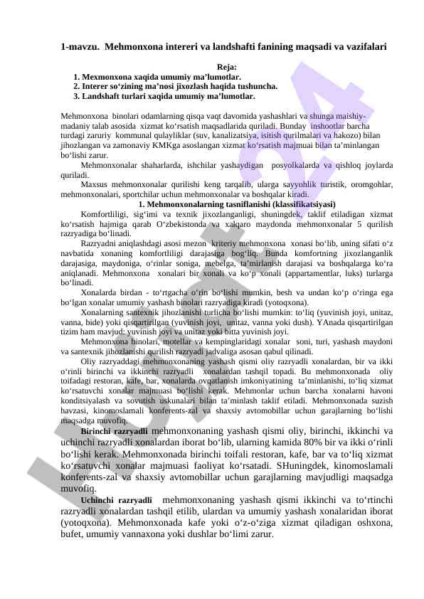 Mehmonxona intereri va landshafti mavzusi