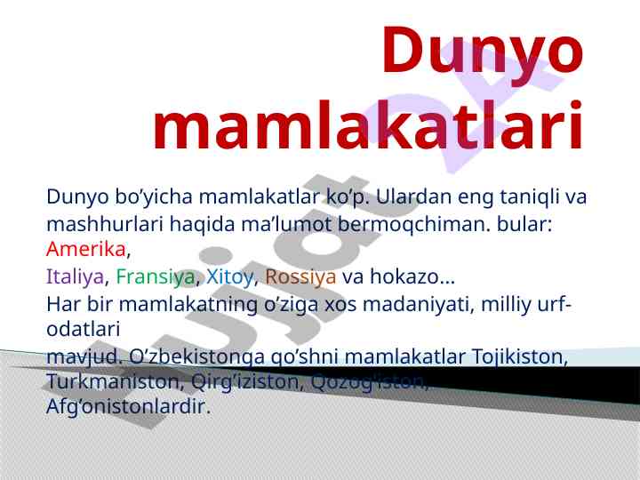 Dunyo mamlakatlari haqida ma'lumotlar