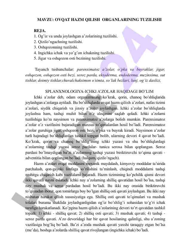 Ovqat hazm qilish organlarining tuzilishi reja