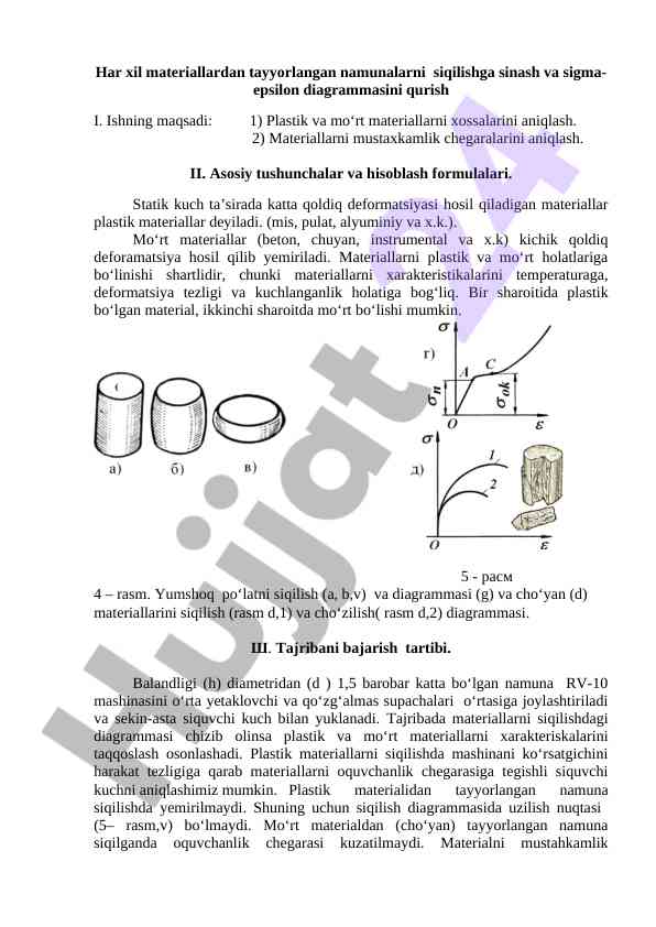 Materiallarni siqilish sinovlari va diagramma qurish