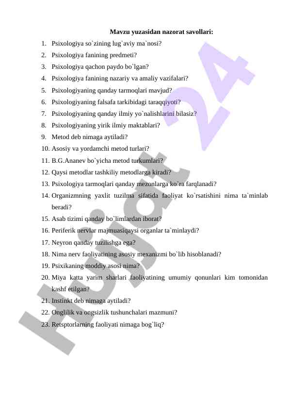 Psixologiya Faniga Doir Nazorat Savollari