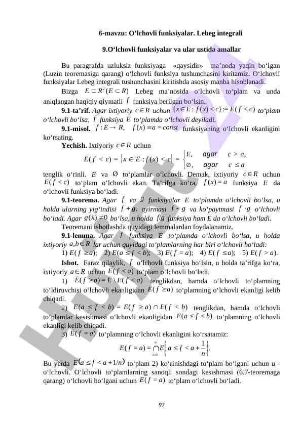 O'lchovli funksiyalar va lebeg integrali tushunchasi