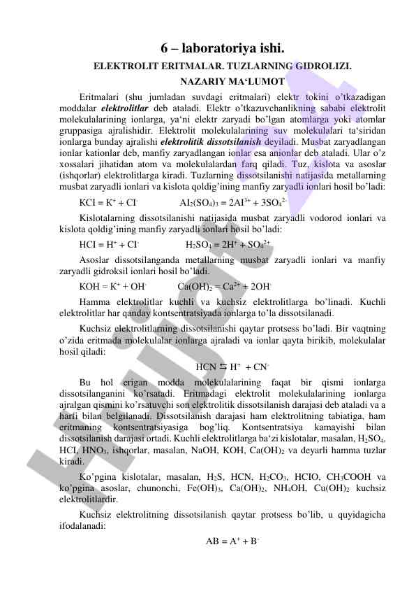 Elektrolit eritmalarini o‘rganish