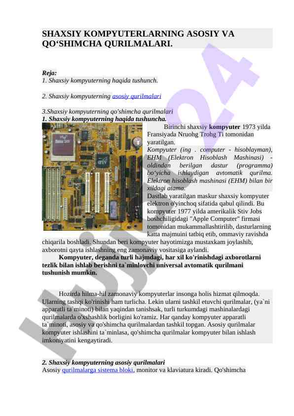 Shaxsiy kompyuterlarning asosiy va qo‘shimcha qurilmalari