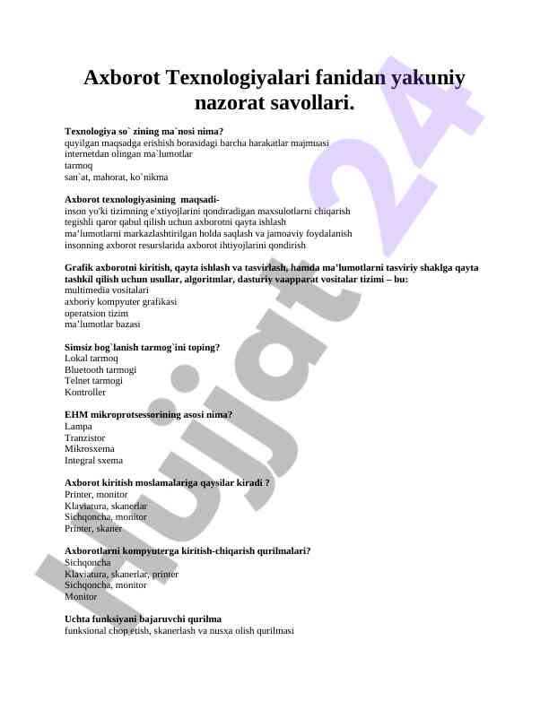 Axborot texnologiyalari yakuniy nazorat savollari