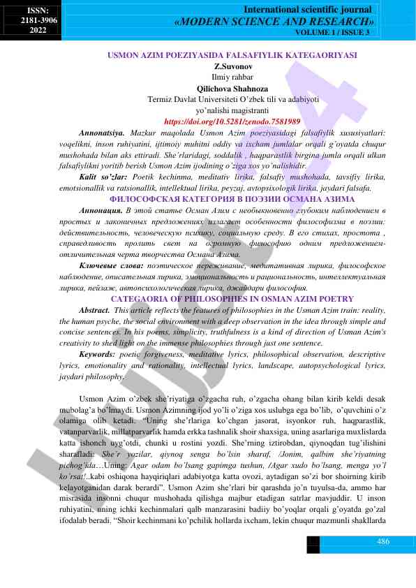 Falsafiylik xususiyatlari usmon azim poeziyasida
