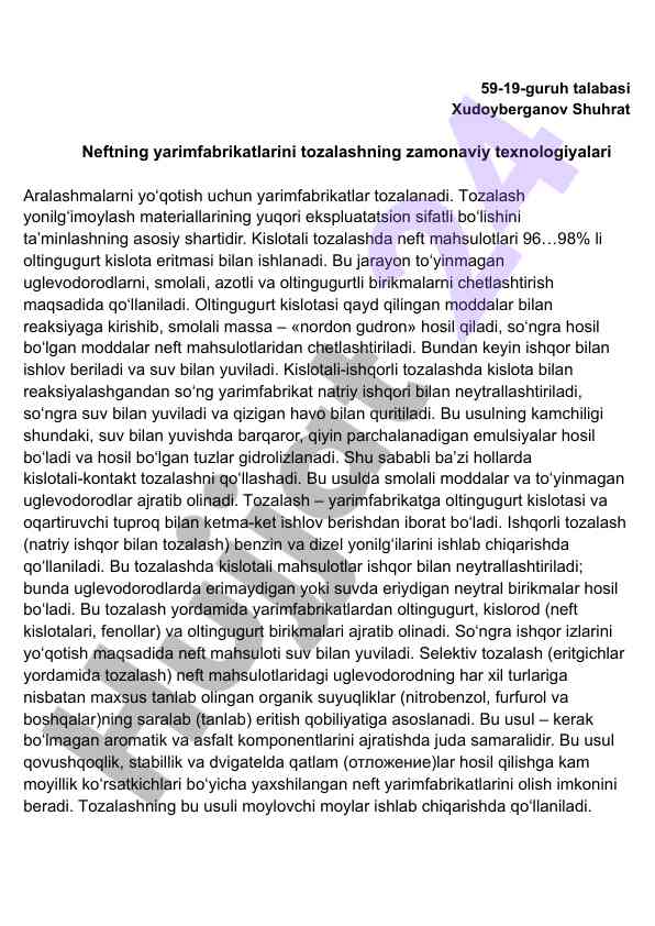 Neftning yarimfabrikatlarini tozalash texnologiyalari
