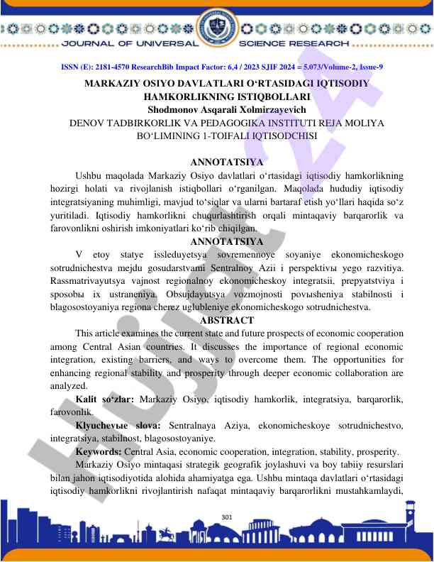 Markaziy osiyo davlatlari oʻrtasidagi iqtisodiy hamkorlik