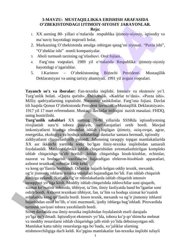 Mustaqillikka erishish arafasida o’zbekistondagi jarayonlar