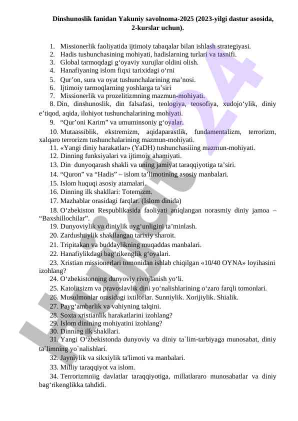 Dinshunoslik fanidan yakuniy savolnoma 2025