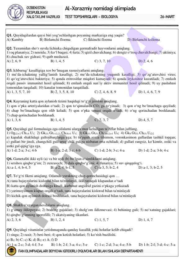 Olimpiada test topsiriqlari - biologiya