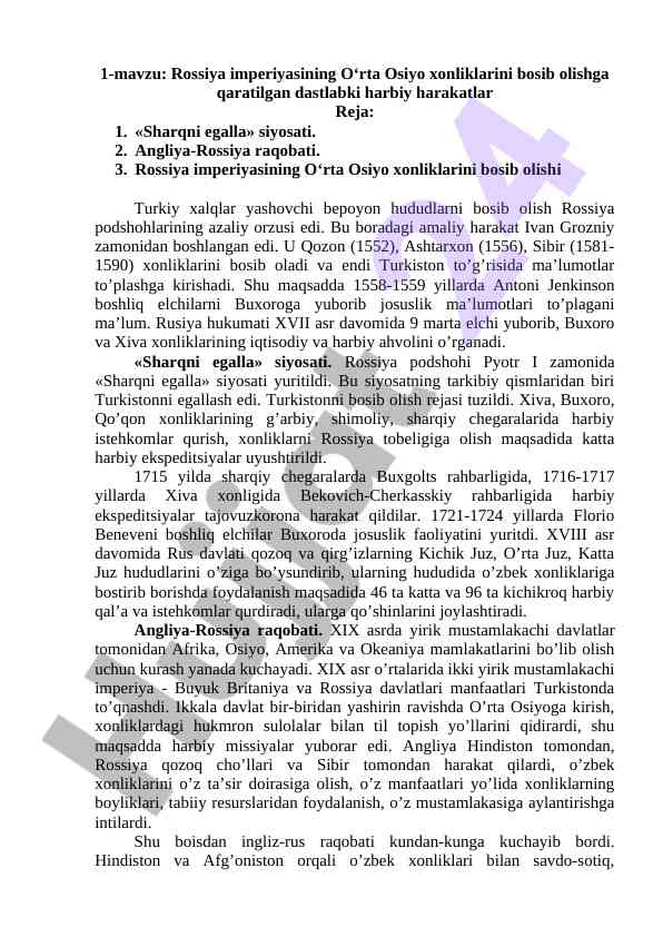 Rossiya imperiyasining o‘rta osiyo xonliklarini bosib olishi
