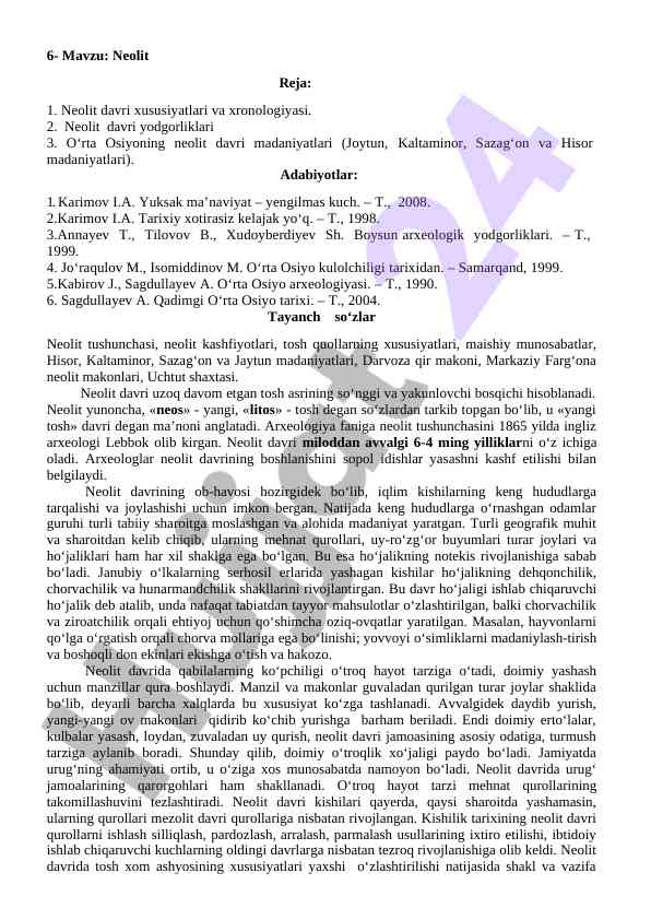 Neolit davri xususiyatlari va madaniyatlari