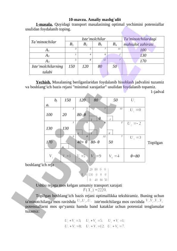 Transport masalalarining optimal yechimi