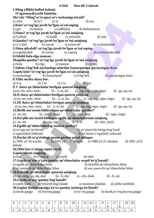 4-sinf ona tili 2-chorak test savollari