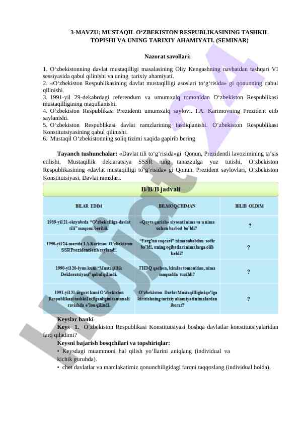 Mustaqil o‘zbekiston respublikasi tarixi va ahamiyati