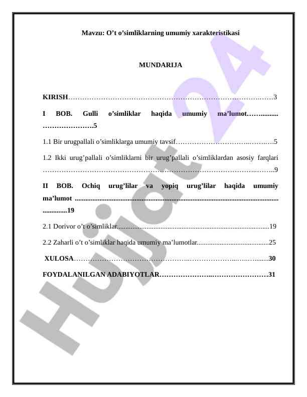 O’t o’simliklarning umumiy xarakteristikasi