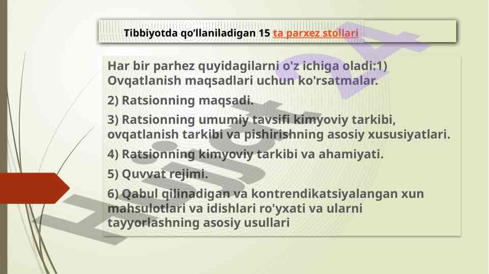 Tibbiyotda qo’llaniladigan parxez stollari