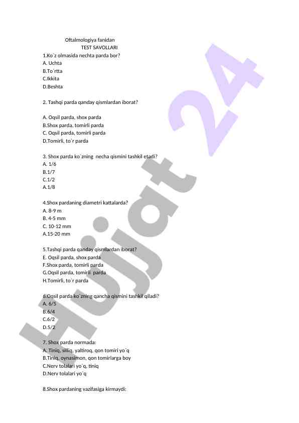 Oftalmologiya fanidan test savollari