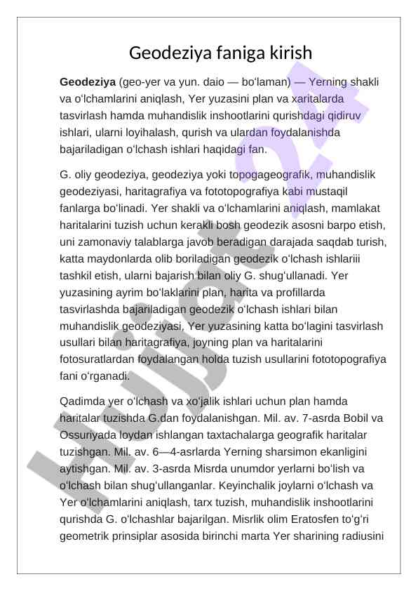 Geodeziya faniga kirish: asosiy konseptsiyalar