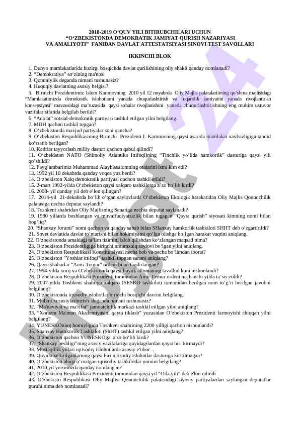 O‘zbekistonda demokratik jamiyat qurish test savollari