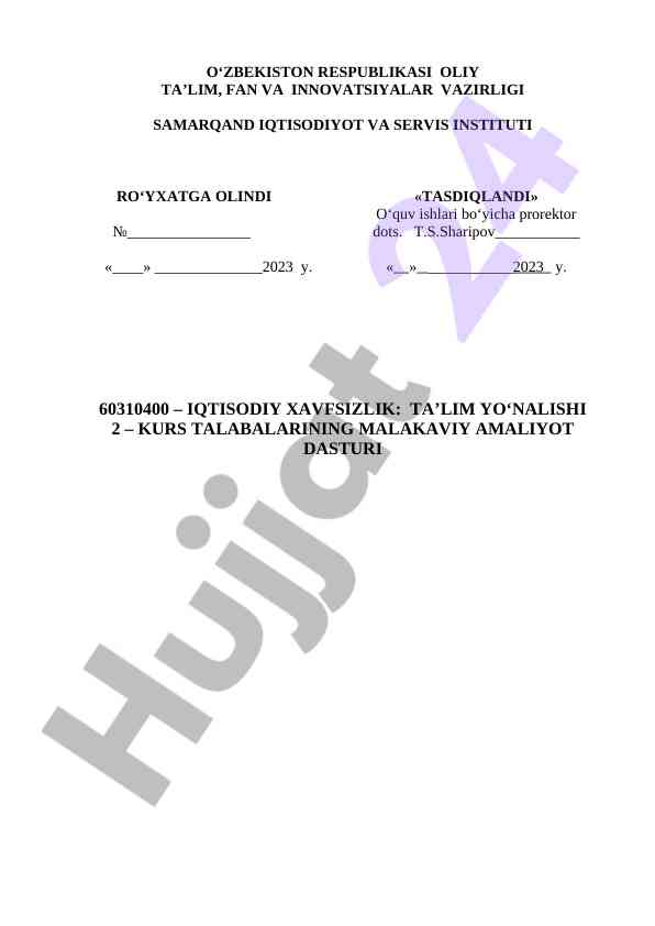 Iqtisodiy xavfsizlik ta’lim yo‘nalishi amaliyot dasturi