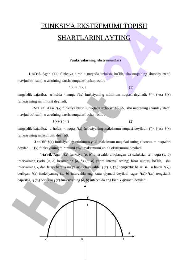 Funktsiyalarning ekstremumlarini topish shartlari