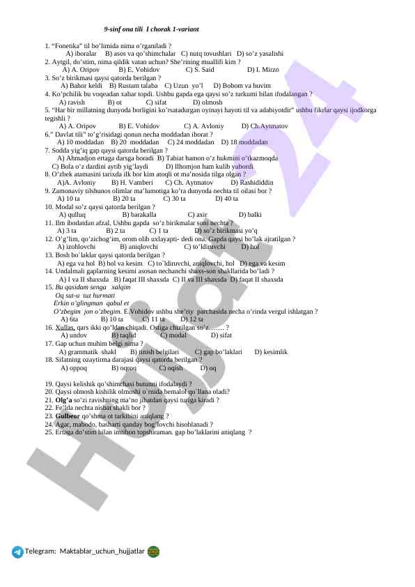9-sinf ona tili fonetika test savollari
