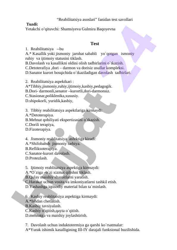 Reabilitatsiya asoslari test savollari