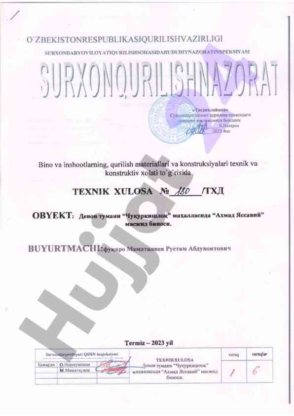 O'z bino va inshootlarning texnik xolati haqida xulosa