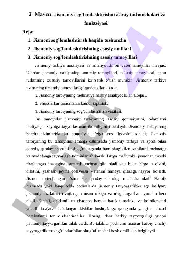 Jismoniy sog’lomlashtirishning asosiy tushunchalari