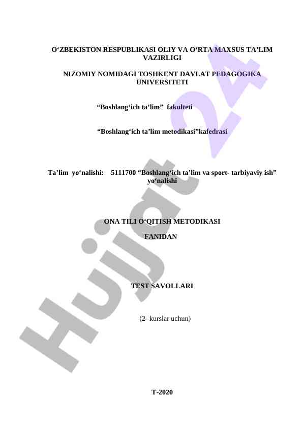 Ona tili o‘qitish metodikasi test savollari