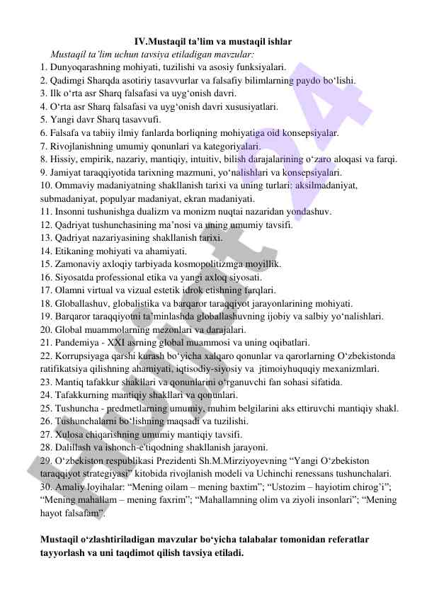 Mustaqil ta’lim mavzulari va falsafiy konsepsiyalar