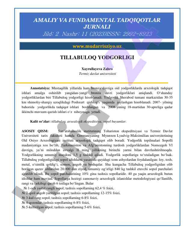 Bronza davri yodgorliklari va tadqiqotlar
