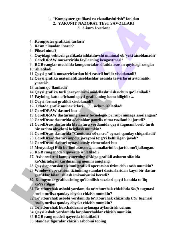 Kompyuter grafikasi vizuallashtirish test savollari