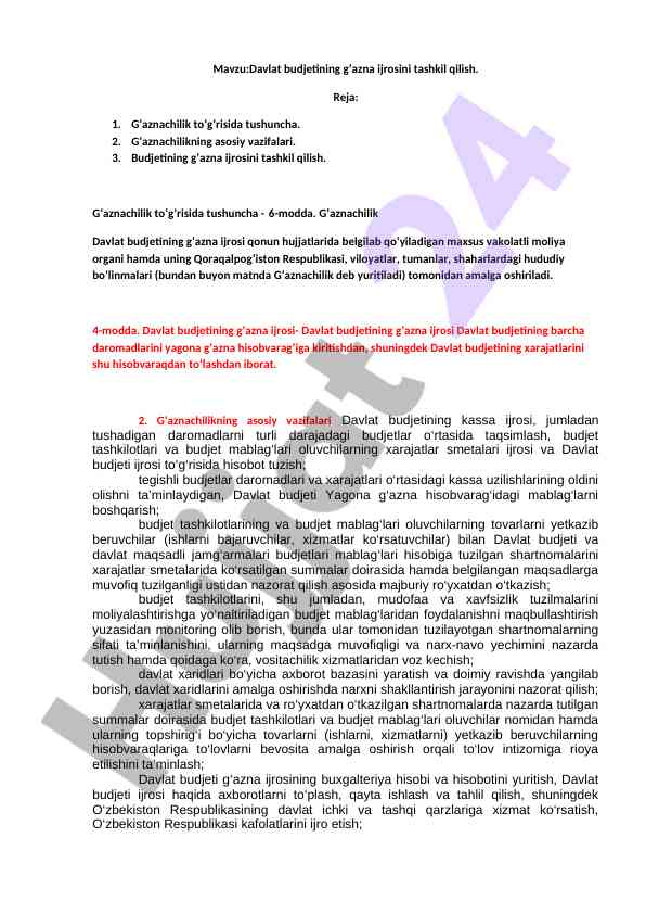 Davlat budjetining g'azna ijrosi tashkil qilish