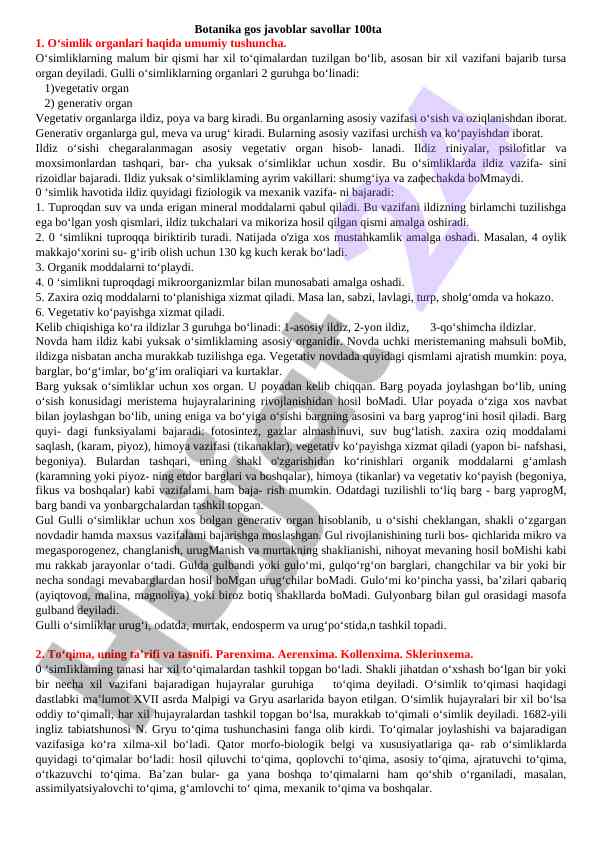 Oʻsimlik organlari haqida umumiy tushuncha