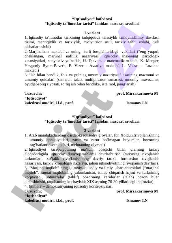 Iqtisodiy ta'limotlar tarixi fanidan nazorat savollari