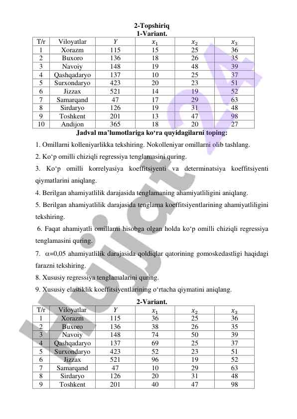 Chiziqli regressiya tenglamalari bo‘yicha kurs ishlari