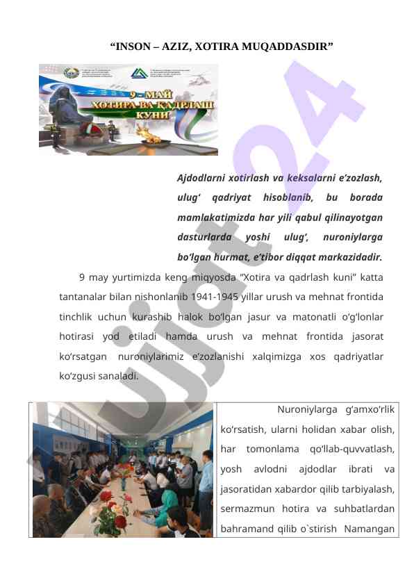 Xotira va qadrlash kuni tantanasi o‘tkazilishi