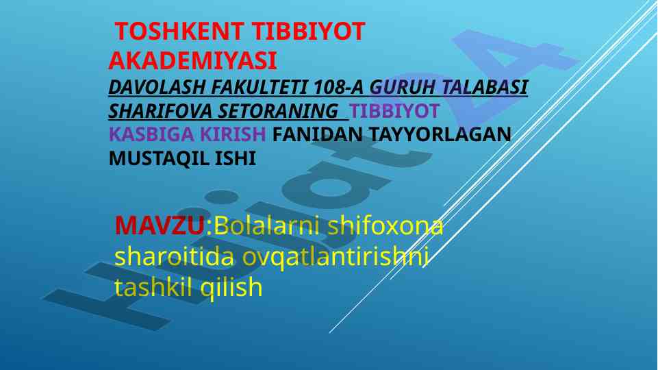 Bolalarni shifoxona sharoitida ovqatlantirish tashkili