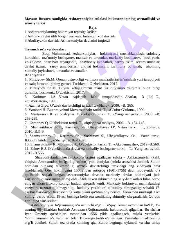 Buxoro xonligida ashtarxoniylar sulolasi tarixi