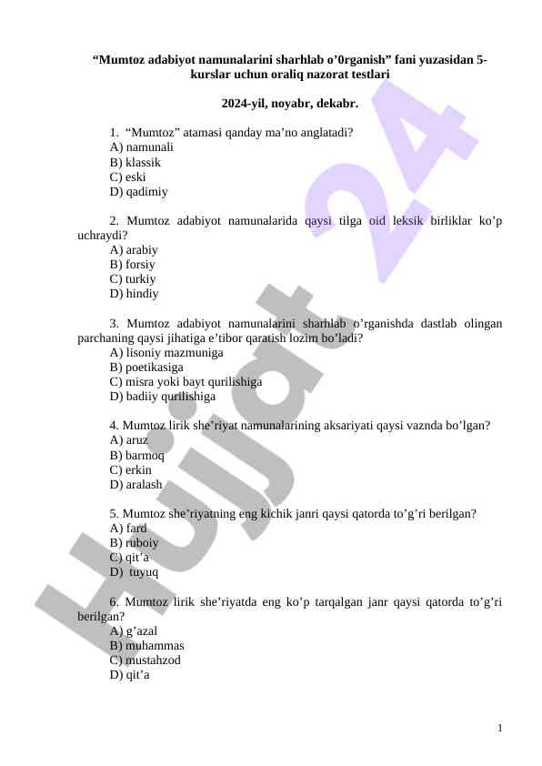 Mumtoz adabiyot testlari oraliq nazorat 2024