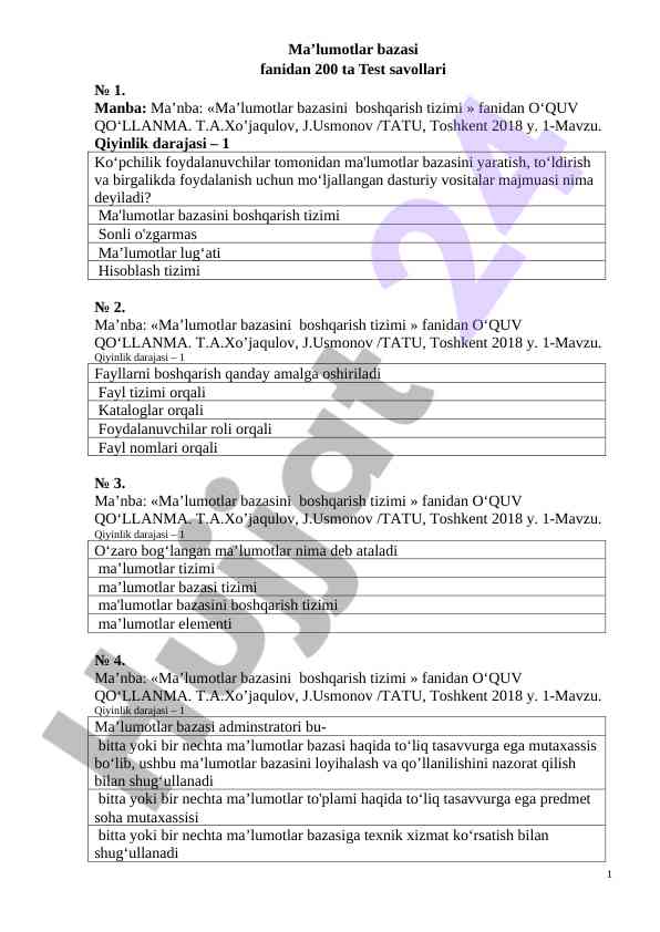 Ma’lumotlar bazasi fanidan 200 ta test savollari № 1