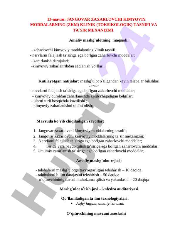 Jangovar zaxarlovchi kimyoviy moddalar tasnifi