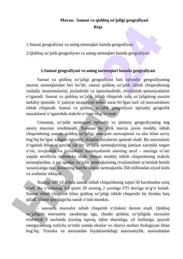 Sanoat va qishloq xo‘jaligi geografiyasi tahlili
